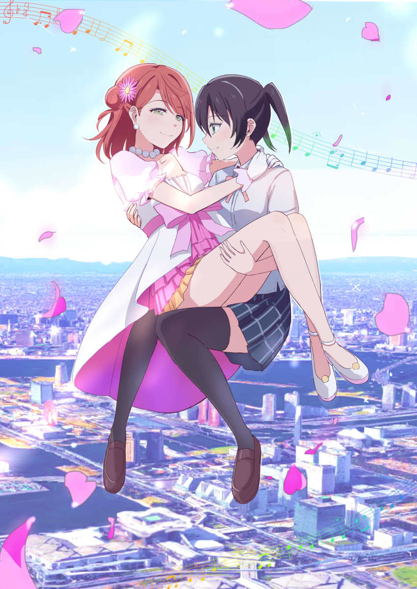 2girls, absurdres, awakening_promise_(love_live!), belt, black_hair, black_thighhighs, blunt_bangs, braid, braided_bun, bun_with_braided_base, carrying, chrysanthemum, flower, gradient_hair, green_eyes, green_hair, hair_between_eyes, hair_bun, hair_ornament, hairpin, half_updo, highres, jewelry, love_live!, love_live!_nijigasaki_high_school_idol_club, medium_hair, multicolored_hair, multiple_girls, necklace, nekopan_(neko-blr), nijigasaki_school_uniform, orange_hair, pearl_necklace, pink_belt, pink_hair, princess_carry, school_uniform, side_bun, single_side_bun, streaked_hair, swept_bangs, takasaki_yu, thighhighs, twintails, two-tone_hair, uehara_ayumu, yellow_eyes, yuri