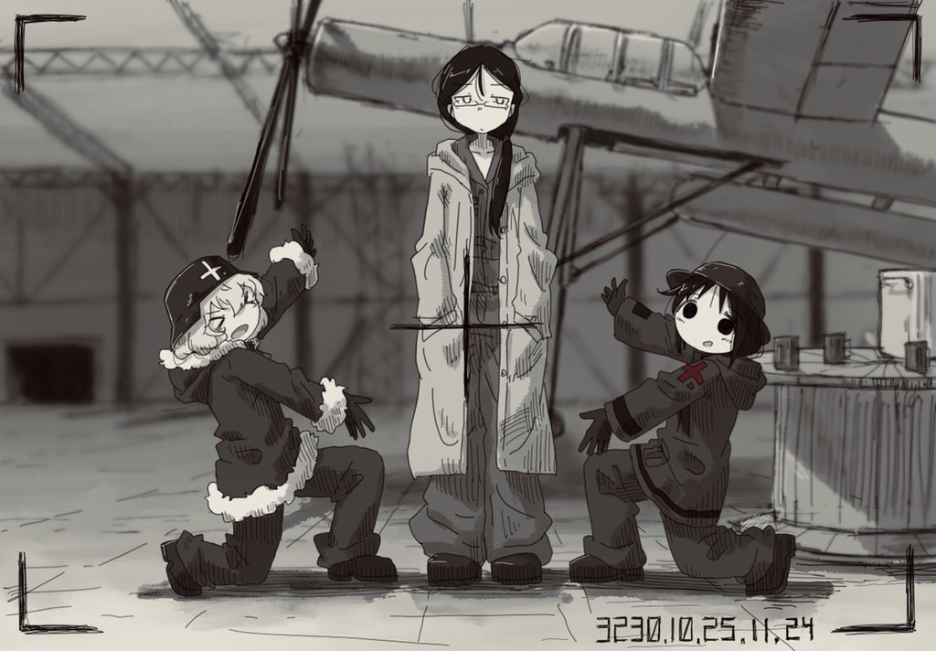 >_<, 3girls, :d, :o, black_hair, blonde_hair, blush, chito_(shoujo_shuumatsu_ryokou), collarbone, glasses, gloves, hands_in_pockets, helmet, ishii_(shoujo_shuumatsu_ryokou), leoleonardk10, long_sleeves, looking_at_viewer, low_ponytail, multiple_girls, open_mouth, ponytail, shoujo_shuumatsu_ryokou, smile, unamused, xd, yuuri_(shoujo_shuumatsu_ryokou)