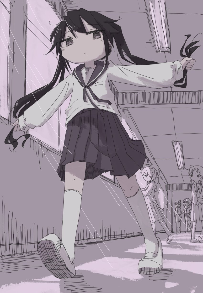 5girls, ayaka_(shimeji_simulation), black_hair, chito_(shoujo_shuumatsu_ryokou), egg, glasses, highres, indoors