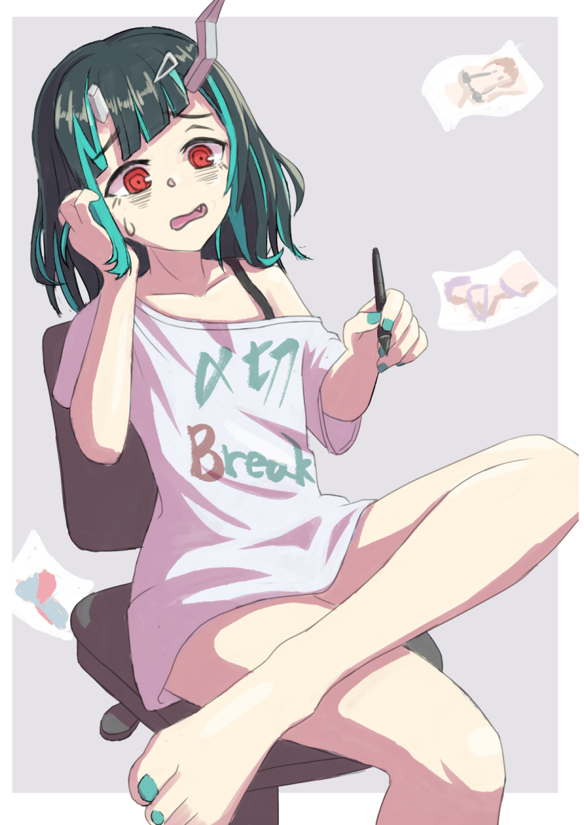 1girl, bags_under_eyes, barefoot, black_hair, blue_hair, blue_nails, bottomless, clothes_writing