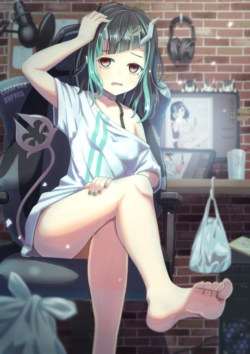 1girl, bag, bags_under_eyes, bare_legs, barefoot, black_hair, blue_hair, blue_nails, breasts, brick_wall, chair, character_doll, choker, commentary_request, computer, crossed_legs, demon_girl, demon_horns, demon_tail, doll, drawing_tablet, fang, feet, foot_out_of_frame, grey_choker, hand_on_own_head, headphones, headphones_removed, highres, horns, indoors, kojo_anna, looking_at_viewer, medium_hair, microphone, monitor, multicolored_hair, nail_polish, nanashi_inc., off_shoulder, office_chair, open_mouth, plastic_bag, pointy_ears, red_eyes, russian_text, ryugasaki_rene, shirt, shishio_chris, short_sleeves, sitting, small_breasts, soles, solo, sone_(cortisone), standing, swivel_chair, table, tail, translated, two-tone_hair, virtual_youtuber, white_shirt