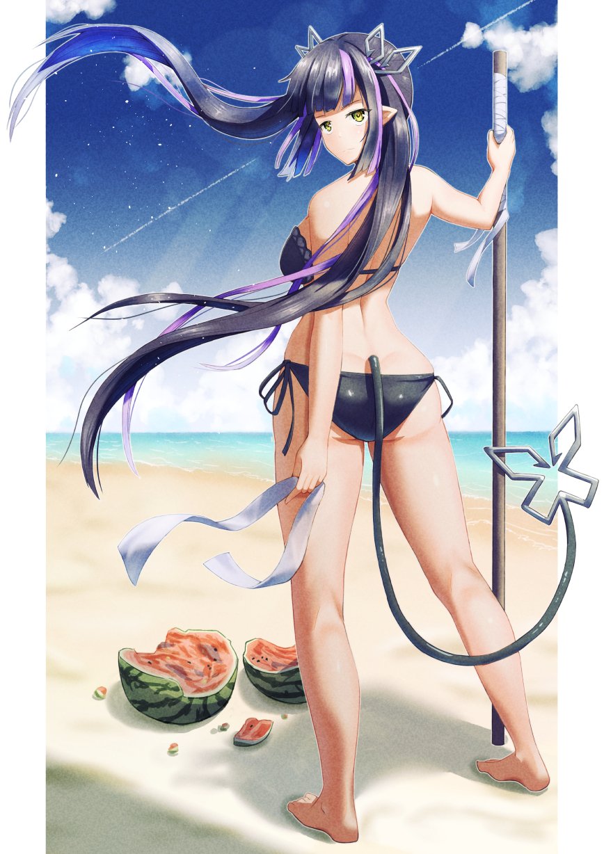 1girl, ass, barefoot, beach, bikini, black_bikini, black_hair, blue_sky