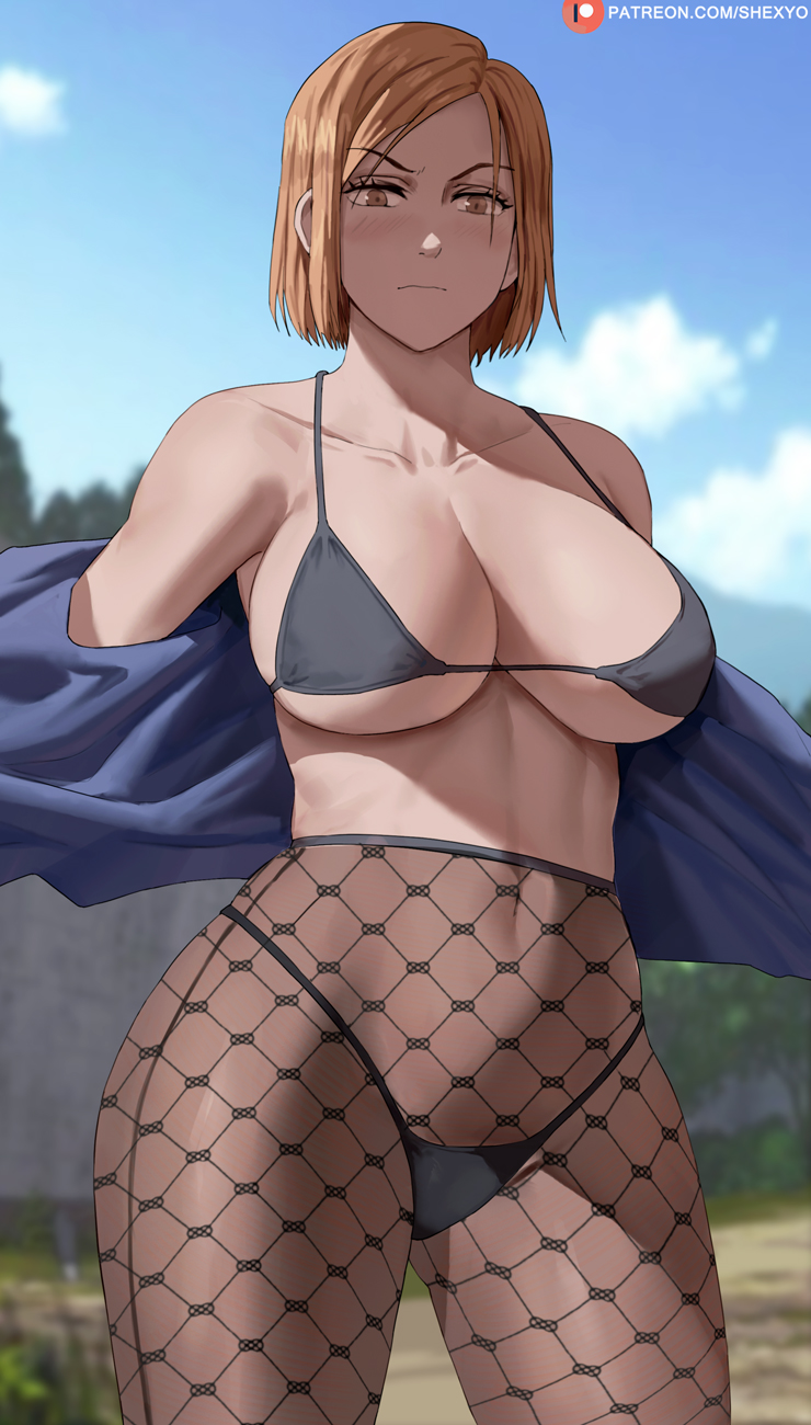 1girl, bare_shoulders, bikini, black_bikini, black_pantyhose, blue_jacket, blue_sky, blurry