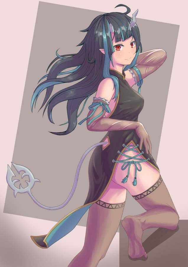 1girl, alternate_breast_size, alternate_costume, ass, black_dress, black_hair, blue_hair, blush
