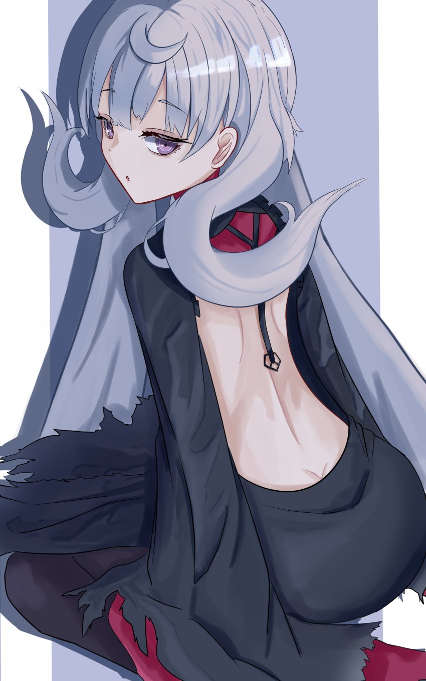 1girl, :o, absurdres, ass, back, backless_dress, backless_outfit, bare_back, black_dress, black_pantyhose, butt_crack, commentary, dress, english_commentary, eyeshadow, from_behind, grey_eyeshadow, grey_hair, hair_behind_ear, hanatsuki_kia, highres, kneeling, long_hair, long_sleeves, looking_back, makeup, nijisanji, nijisanji_en, pantyhose, purple_eyes, reimu_endou, sleeves_past_fingers, sleeves_past_wrists, solo, very_long_hair, virtual_youtuber