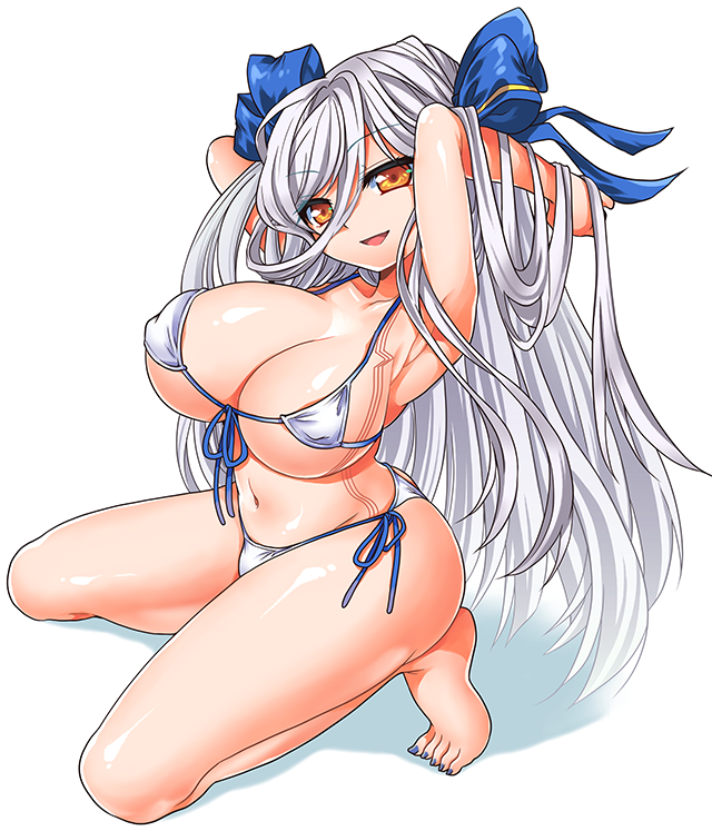 1girl, :d, armpits, arms_behind_head, arms_up, bare_arms, bare_legs, bare_shoulders, barefoot, bemani, bikini, blue_nails, blue_ribbon, breasts, cleavage, collarbone, front-tie_bikini_top, front-tie_top, full_body, hair_between_eyes, hair_lift, hair_ribbon, kneeling, large_breasts, long_hair, micro_bikini, nail_polish, navel, open_mouth, orange_eyes, ortlinde=nblg=valkyria, ribbon, sate_hatena, shadow, shiny_skin, side-tie_bikini_bottom, silver_hair, simple_background, smile, solo, sound_voltex, swimsuit, thighs, toenail_polish, toenails, underboob, very_long_hair, white_background, white_bikini
