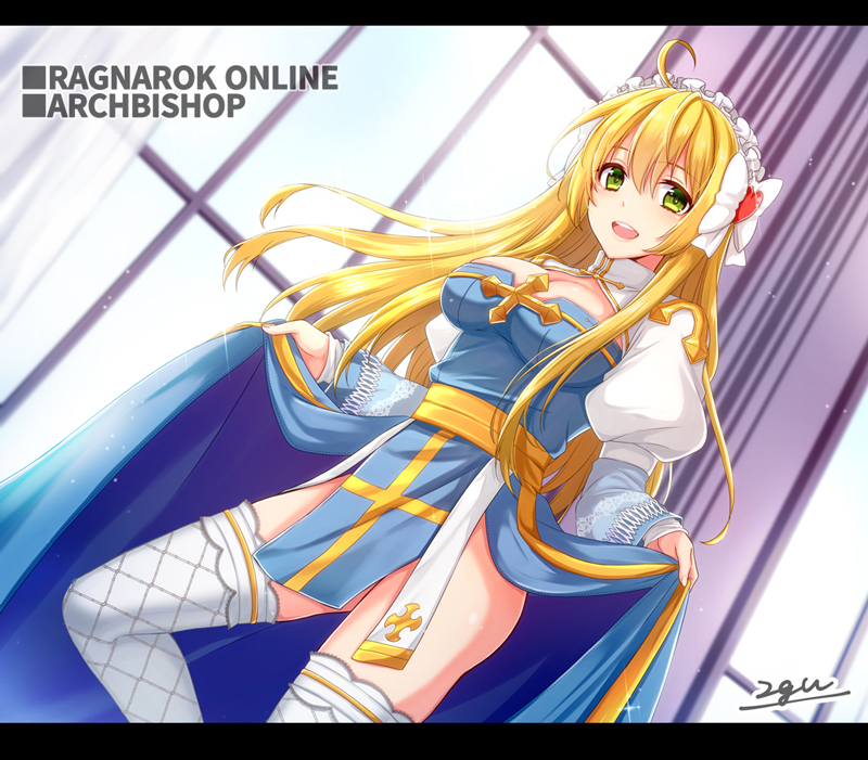 1girl, 20nigu, arch_bishop_(ragnarok_online), blonde_hair, blue_dress, blush, bow, breasts