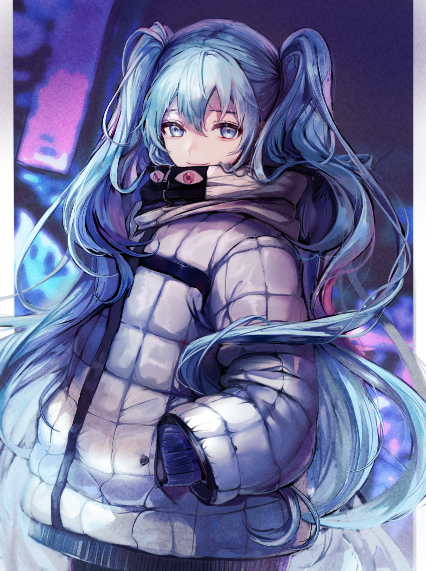 1girl, absurdres, aqua_eyes, aqua_hair, blue_eyes, blue_hair, blurry, blurry_background, coat, cowboy_shot, eye_print, floating_hair, from_side, hair_between_eyes, hand_in_pocket, hatsune_miku, highres, hood, hood_down, hooded_coat, long_hair, long_sleeves, outside_border, pillarboxed, pipi_(pipinavigation), smile, solo, twintails, very_long_hair, vocaloid, winter_clothes, yuurei_tokyo_(vocaloid)