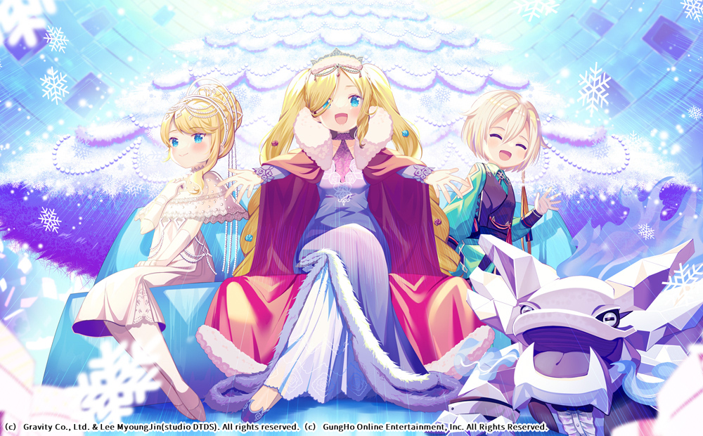 1boy, 2girls, black_vest, blonde_hair, blue_dress, blue_eyes, capelet, cloak