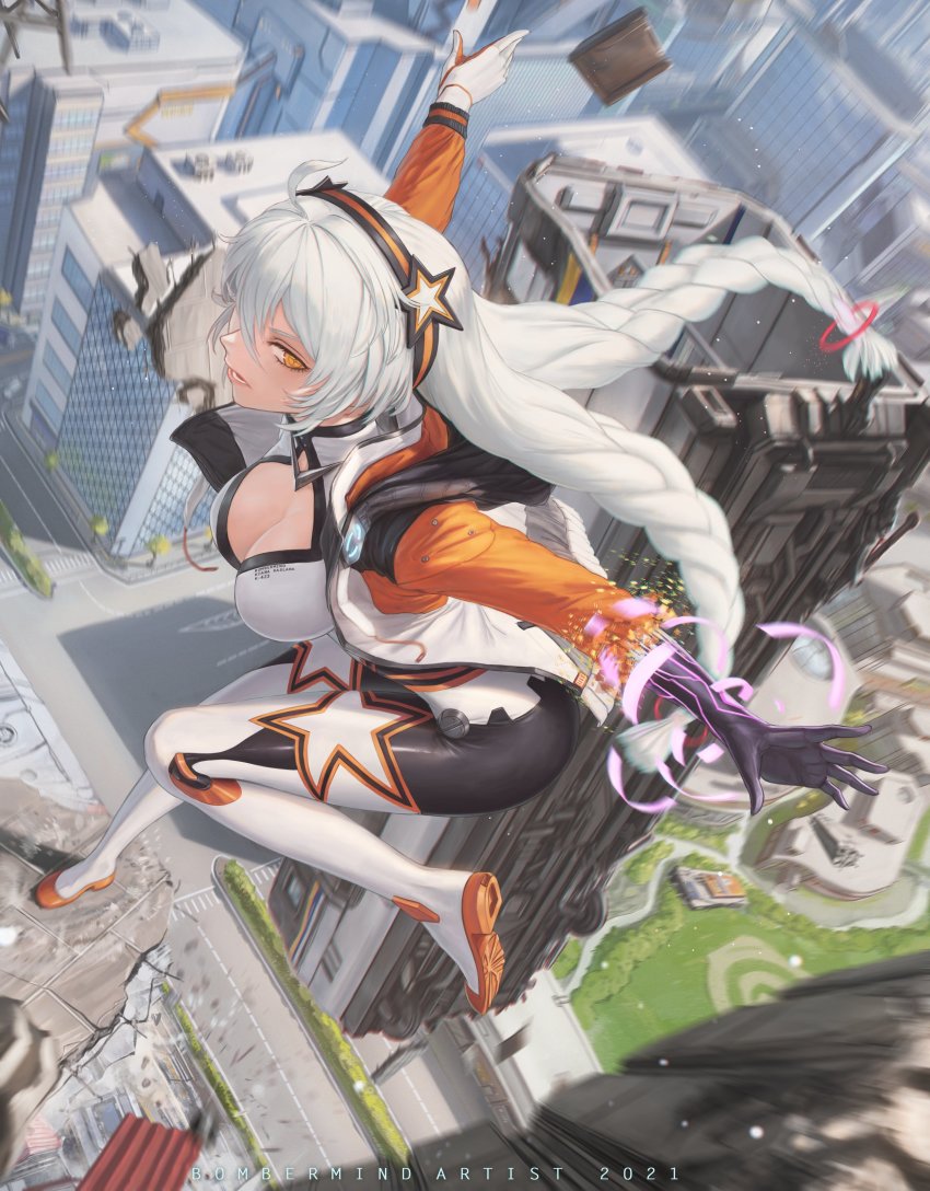 1girl, absurdres, artist_name, black_gloves, bodysuit, bomberminda, braid, breasts, building, city, cityscape, cleavage, full_body, gloves, hair_between_eyes, highres, honkai_(series), honkai_impact_3rd, jacket, kiana_kaslana, kiana_kaslana_(herrscher_of_the_void), kiana_kaslana_(white_comet), long_hair, long_sleeves, looking_at_viewer, looking_to_the_side, open_mouth, outdoors, rubble, shoe_soles, solo, teeth, transformation, twin_braids, white_bodysuit, white_hair, yellow_eyes