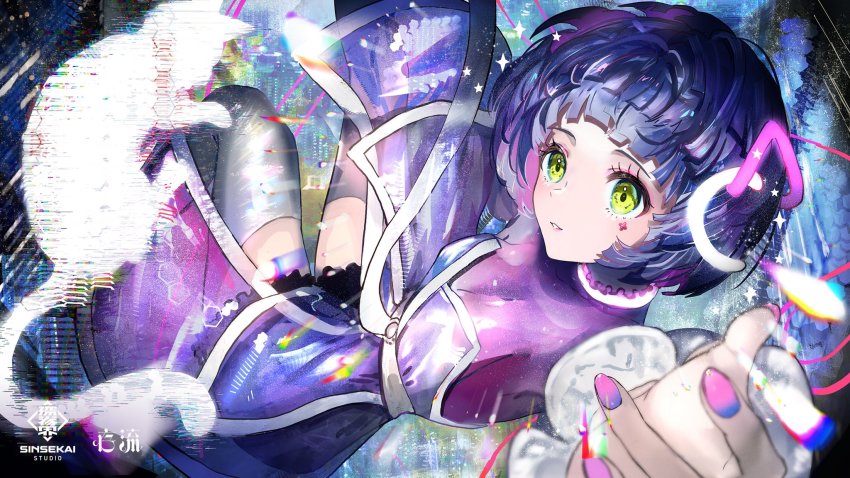 1girl, aru_(sinsekai), bodysuit, cape, commentary_request, copyright_name, facial_mark, foreshortening