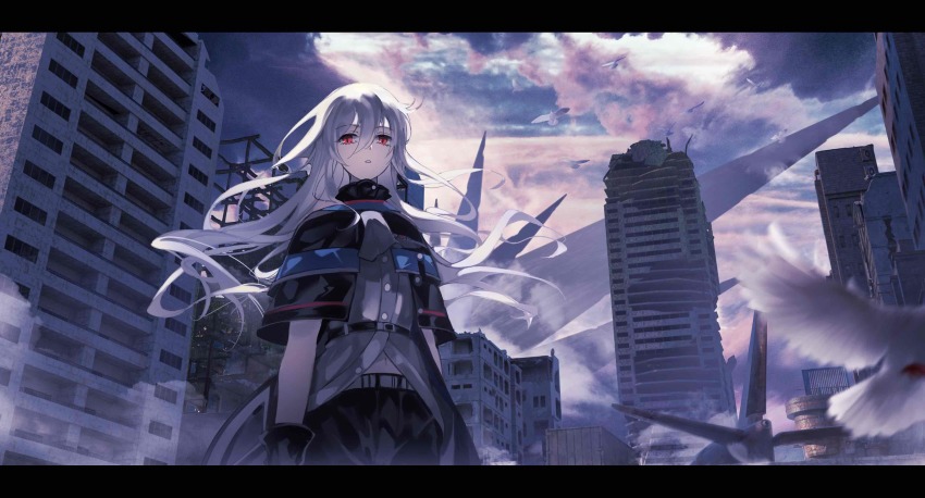 1girl, absurdres, arknights, ascot, bird, black_capelet, black_gloves, breasts, building, capelet, city, facing_viewer, floating_hair, gloves, grey_ascot, grey_shirt, highres, letterboxed, long_hair, looking_away, midriff, navel, missing_headwear, onlly, outdoors, red_eyes, ruins, scenery, shirt, silver_hair, skadi_(arknights), small_breasts, solo, upper_body