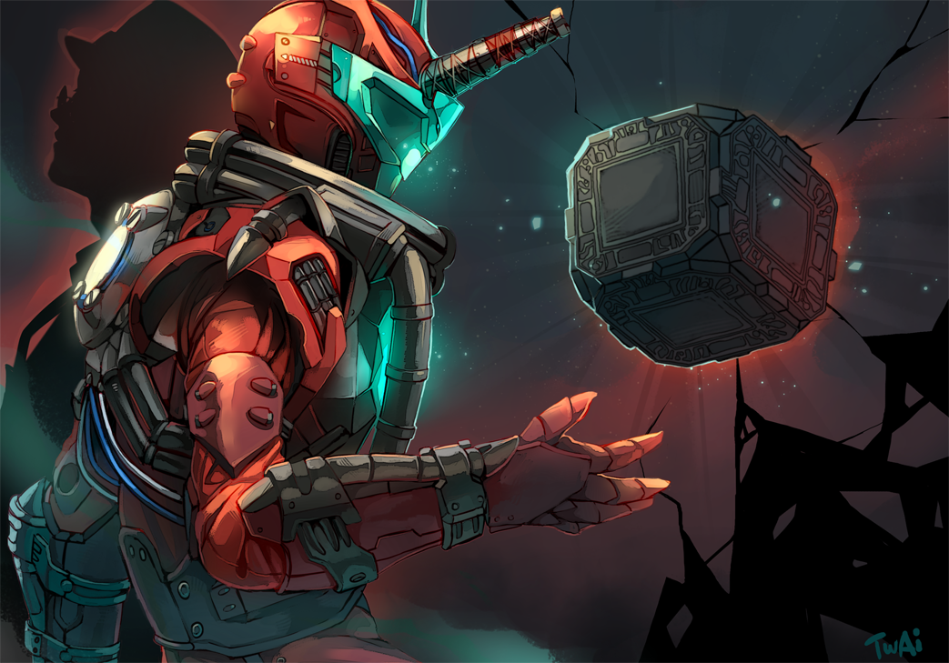 1boy, armor, blood_stalk, blue_eyes, commentary, cube, dual_persona, fedora, floating, floating_object, from_side, hat, helmet, horns, isurugi_souichi, kamen_rider, kamen_rider_build_(series), pandora_box_(kamen_rider_build), red_armor, science_fiction, shadow, signature, single_horn, space, untranslatable_commentary, twai, visor