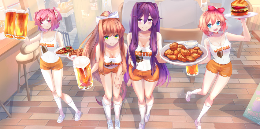 4girls, :d, alcohol, alternate_costume, bare_arms, bare_shoulders, beer, beer_mug, bow, breasts, brown_hair, burger, chicken_nuggets, cleavage, clothes_writing, commentary, commission, cup, doki_doki_literature_club, english_commentary, food, full_body, hair_between_eyes, hair_bow, hair_ornament, hair_ribbon, hairclip, highres, holding, holding_plate, hooters, large_breasts, long_hair, looking_at_viewer, medium_breasts, monika_(doki_doki_literature_club), mug, multiple_girls, natsuki_(doki_doki_literature_club), open_mouth, orange_shorts, pink_hair, plate, ponytail, purple_hair, red_bow, red_ribbon, ribbon, sayori_(doki_doki_literature_club), shoes, short_hair, short_shorts, shorts, sidelocks, small_breasts, smile, socks, takuyarawr, tank_top, two_side_up, very_long_hair, waitress, white_footwear, white_legwear, white_ribbon, white_tank_top, yuri_(doki_doki_literature_club)