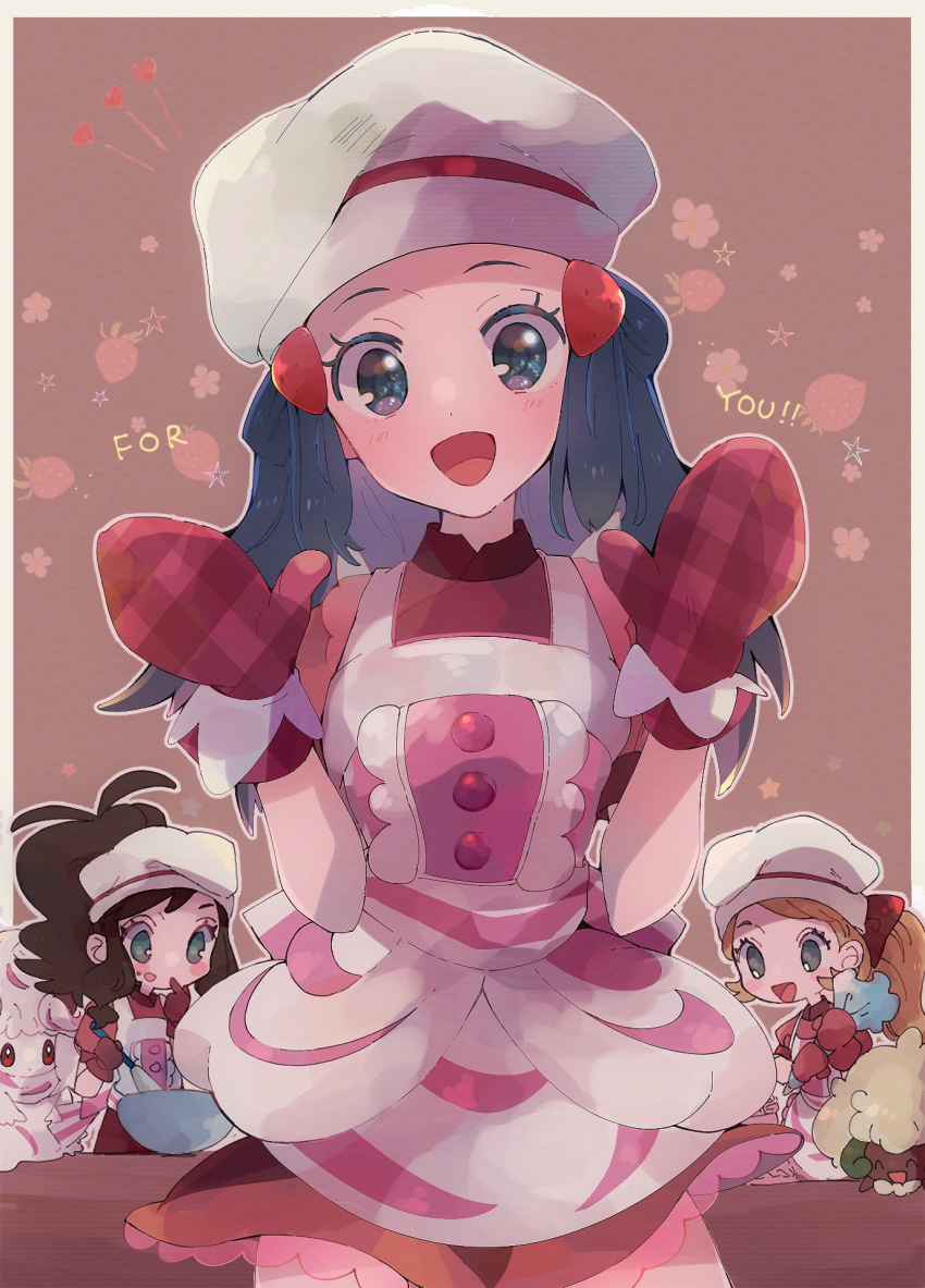 3girls, :d, alcremie, apron, black_hair, blush, buttons, commentary_request