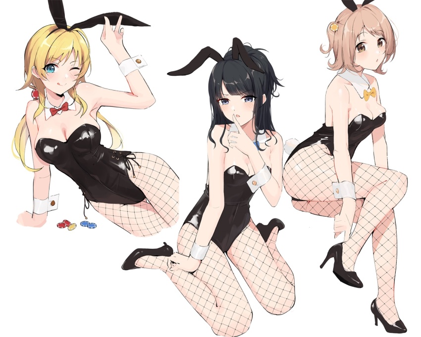 3girls, ;q, ahoge, alternate_hairstyle, animal_ears, bare_shoulders, black_bow, black_eyes, black_hair, black_leotard, blonde_hair, blue_eyes, blush, bow, bowtie, breasts, brown_eyes, cleavage, detached_collar, fake_animal_ears, fake_tail, finger_to_mouth, fishnet_legwear, fishnets, gin00, hachimiya_meguru, hair_bobbles, hair_ornament, high_heels, highleg, highleg_leotard, idolmaster, idolmaster_shiny_colors, illumination_stars_(idolmaster), kazano_hiori, leotard, licking_lips, light_brown_hair, long_hair, looking_at_viewer, low_twintails, medium_hair, mole, mole_under_mouth, multiple_girls, one_eye_closed, pantyhose, playboy_bunny, ponytail, rabbit_ears, rabbit_tail, sakuragi_mano, side-tie_leotard, simple_background, smile, strapless, strapless_leotard, swept_bangs, tail, tongue, tongue_out, twintails, two_side_up, white_background, wrist_cuffs