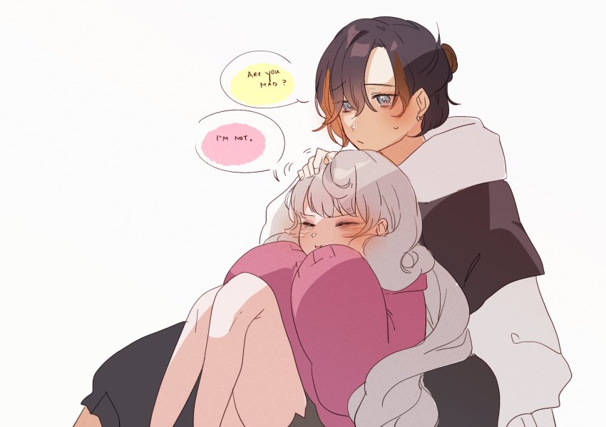 1boy, 1girl, black_pants, blush, brown_hair, brown_shirt, couple, english_text, genderswap, genderswap_(ftm), grey_hair, hair_behind_ear, hetero, highres, hood, hoodie, multicolored_hair, nijisanji, nijisanji_en, orange_hair, pants, peter_gurin, petra_gurin, pink_sweater, pout, reimu_endou, sakai_eri_(illustratoreri), shirt, sketch, speech_bubble, streaked_hair, sweater, v-shaped_eyebrows, virtual_youtuber, white_background, white_hoodie