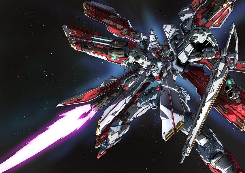 energy_sword, blue_eyes, crossbone_gundam, crossbone_gundam_ghost, crossbone_gundam_x-0, crossbone_gundam_x-0_full_cloth, glowing, glowing_eyes, gundam, highres, holding, holding_sword, holding_weapon, looking_down, mecha, mechanical_wings, mobile_suit, no_humans, robot, science_fiction, skull_and_crossbones, solo, sword, tyuuboutyauyo, v-fin, weapon, wings