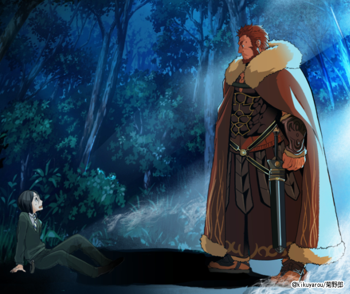 2boys, are_you_my_master, armor, beard, breastplate, cape, cleavage_cutout, clothing_cutout