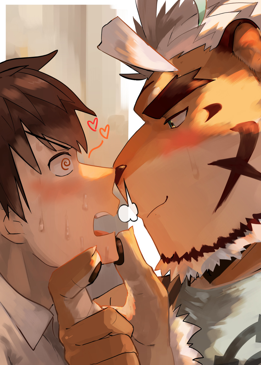 2boys, @_@, absurdres, after_kiss, ahoge, animal_ears, bara, beard