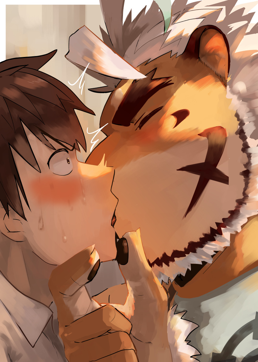 2boys, absurdres, ahoge, animal_ears, bara, beard, blue_eyes, blush, couple, eye_contact, facial_hair, french_kiss, from_side, furry, furry_male, furry_with_non-furry, grabbing_another's_chin, hand_on_another's_chin, highres, hombre_tigre_(housamo), interspecies, kiss, looking_at_another, male_focus, multiple_boys, portrait, protagonist_4_(housamo), saikorodekimeru, short_hair, sweatdrop, thick_eyebrows, tiger_boy, tiger_ears, tokyo_houkago_summoners, upper_body, white_hair, yaoi