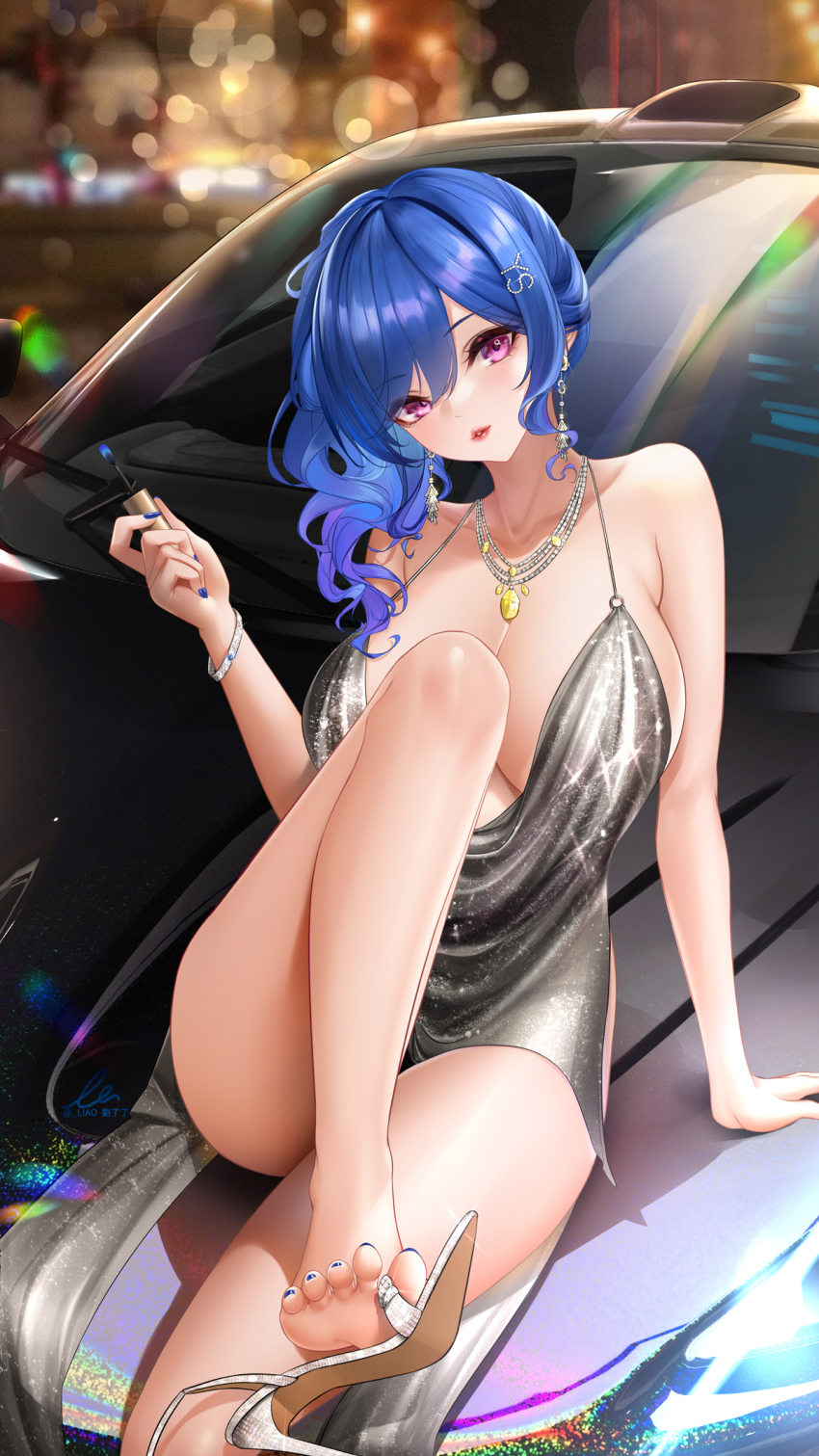 1girl, arm_support, azur_lane, bare_arms, bare_legs, bare_shoulders, blue_hair, blue_nails, bracelet, breasts, car, commentary_request, dress, earrings, feet, grey_dress, hair_ornament, halter_dress, halterneck, high_heels, highres, holding, holding_with_feet, jewelry, large_breasts, leg_up, liu_liaoliao, long_hair, looking_at_viewer, mclaren, mclaren_p1, microdress, motor_vehicle, nail_polish, necklace, no_bra, official_alternate_costume, purple_eyes, sandals, shiny_clothes, side_ponytail, signature, sleeveless, sleeveless_dress, soles, solo, st._louis_(azur_lane), st._louis_(luxurious_wheels)_(azur_lane), toenail_polish, toenails, toes, twitter_username