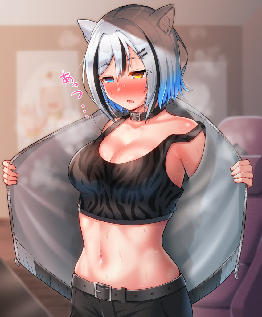 1girl, animal_collar, animal_ears, belt, black_belt, black_hair, blue_eyes, blue_hair, blush, breasts, cleavage, collar, collarbone, cottage_project, hair_between_eyes, hair_ornament, hairclip, half-closed_eyes, heterochromia, highres, indoors, large_breasts, midriff, multicolored_hair, navel, nekojima, nose_blush, open_clothes, open_mouth, opened_by_self, short_hair, solo, sports_bra, steaming_body, stomach, sweat, tail, tiger_tail, virtual_youtuber, wet, wet_bra, wet_clothes, white_hair, yellow_eyes, yukine_kohaku