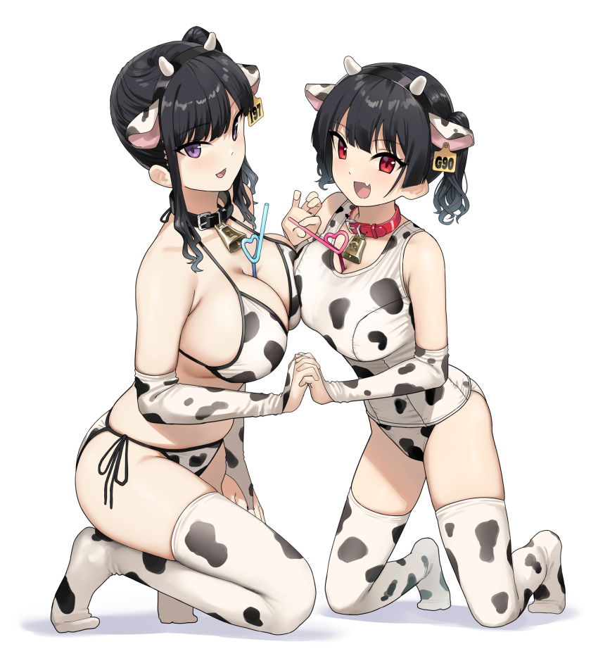 2girls, :d, animal_ear_hairband, animal_ears, animal_print, bell, between_breasts, bikini, black_hair, blush, breast_press, breasts, cleavage, collar, cow_ear_hairband, cow_ears, cow_horns, cow_print, cow_print_bikini, cowbell, crazy_straw, drinking_straw, fake_animal_ears, fake_horns, fang, female_focus, gaki_kyonyuu, hairband, hand_on_own_thigh, heart_straw, high_side_ponytail, highres, horns, interlocked_fingers, kaedeko_(kaedelic), kneeling, large_breasts, long_hair, looking_at_viewer, multiple_girls, neck_bell, one-piece_swimsuit, open_mouth, original, print_bikini, print_legwear, purple_eyes, red_eyes, sasaki_kanna, sasaki_miyuki, siblings, side-tie_bikini_bottom, side_ponytail, simple_background, sisters, smile, straw, swimsuit, symmetrical_docking, thighhighs, thighs, twintails, white_background, white_bikini, white_one-piece_swimsuit