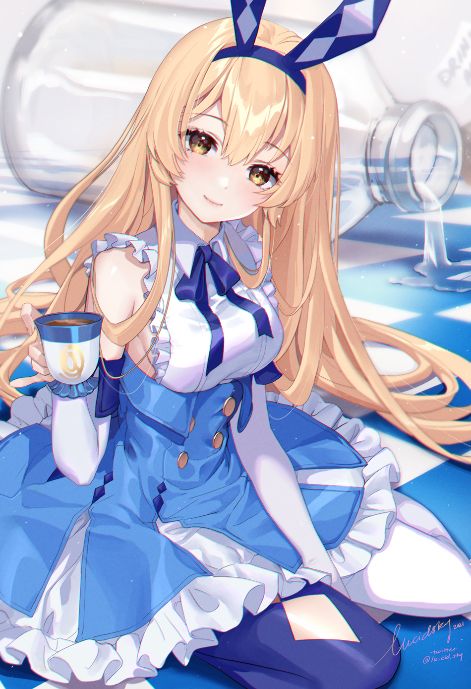 1girl, alice_(masterwork_apocalypse), animal_ears, argyle_clothes, diamond_cutout, asymmetrical_legwear, blonde_hair, blue_hairband