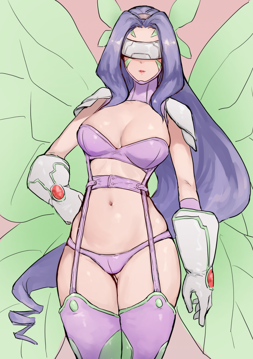 1girl, belt, bikini, boots, breasts, butterfly_hair_ornament, butterfly_wings, cleavage, collarbone, commentary, covered_eyes, cowboy_shot, curvy, digimon, digimon_(creature), digimon_frontier, drill_hair, facial_mark, fairimon, fairy, fairy_wings, garter_straps, gauntlets, gloves, gluteal_fold, groin, hair_ornament, hairband, hand_on_own_hip, highres, insect_wings, korean_commentary, large_breasts, long_hair, medium_breasts, navel, panties, parted_bangs, parted_lips, purple_belt, purple_bikini, purple_boots, purple_hair, purple_hairband, purple_panties, revealing_clothes, seoyong, shoulder_pads, simple_background, skindentation, solo, standing, stomach, swimsuit, thigh_boots, thigh_gap, thighhighs, thong, underwear, very_long_hair, white_gloves, wide_hips, wings