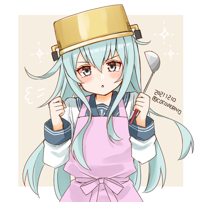 1girl, anchor_symbol, apron, black_sailor_collar, blue_eyes, border, clenched_hands, cocoperino