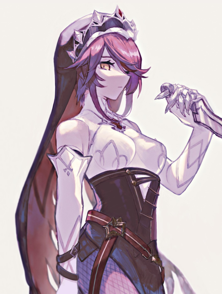 1girl, breasts, claw_ring, coif, commentary_request, fishnets, genshin_impact, grey_background, habit, highres, kmkm_panna, large_breasts, looking_at_viewer, multicolored_hair, multicolored_headwear, nun, nun_headdress, pantyhose, red_eyes, red_hair, rosaria_(genshin_impact), short_hair, solo, streaked_hair, veil, yellow_eyes