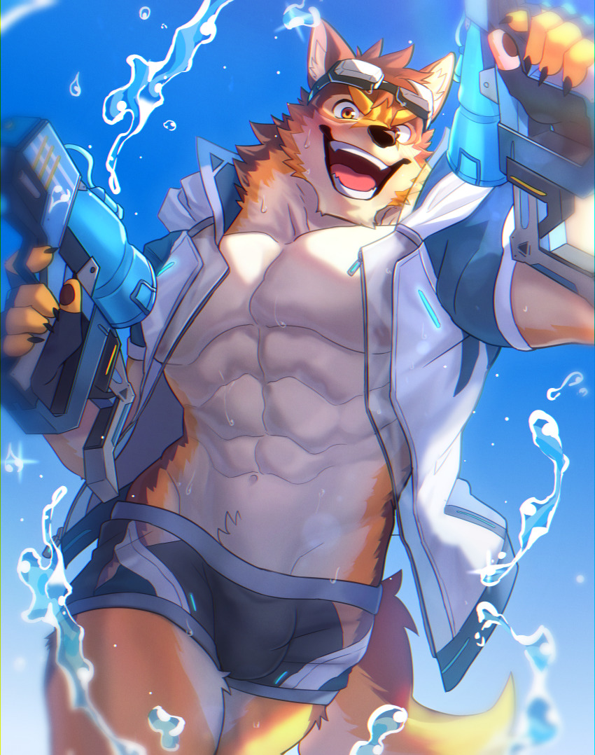 1boy, :d, abs, absurdres, animal_ears, bara, barrel_(cool_gunfighter)_(live_a_hero), barrel_(live_a_hero)