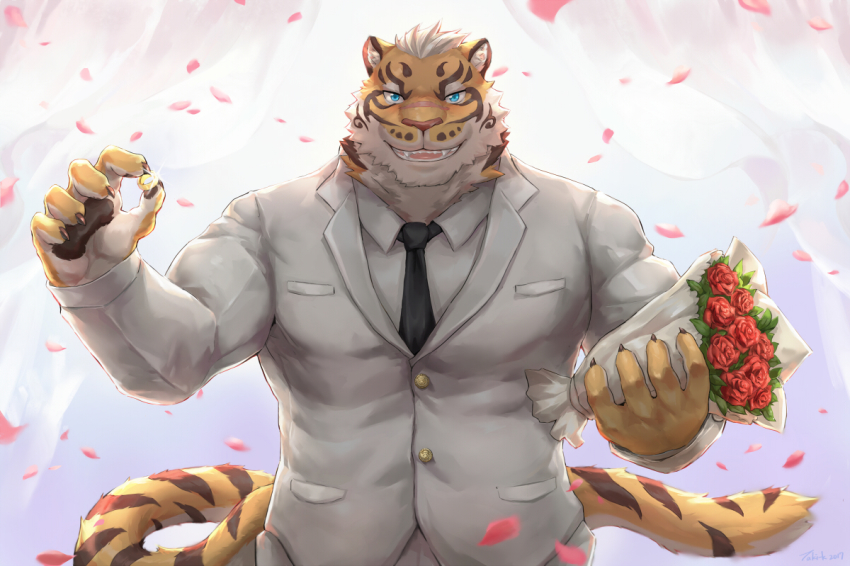 1boy, alternate_costume, animal_ears, bara, beige_fur, between_pectorals, black_necktie, blue_eyes, bouquet, falling_petals, flower, formal_clothes, furry, furry_male, holding, holding_bouquet, lin_hu_(nekojishi), looking_at_viewer, male_focus, muscular, muscular_male, necktie, necktie_between_pectorals, nekojishi, orange_fur, pectorals, petals, red_flower, rose, short_hair, smile, solo, suit, taki_kaze, tiger_boy, tiger_ears, tiger_stripes, undershirt, upper_body, white_suit