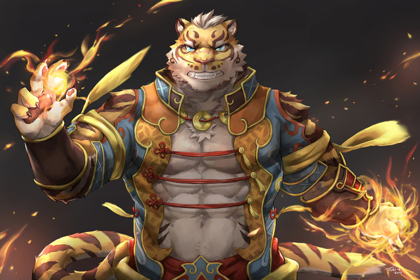 1boy, abs, animal_ears, bara, beige_fur, blue_eyes, fire, furry, furry_male, lin_hu_(nekojishi), looking_at_viewer, male_focus, muscular, muscular_male, nekojishi, open_clothes, open_shirt, orange_fur, pectoral_cleavage, pectorals, pyrokinesis, short_hair, solo, stomach, taki_kaze, tiger_boy, tiger_ears, tiger_stripes