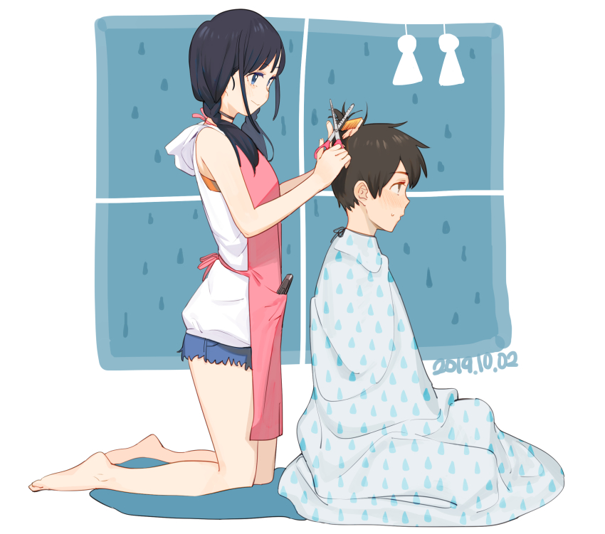 1boy, 1girl, :>, age_difference, amano_hina_(tenki_no_ko), apron, bare_arms, bare_legs, bare_shoulders, barefoot, beijuu, black_choker, black_hair, blending, blue_eyes, blue_shorts, blush, braid, brown_eyes, choker, closed_mouth, comb, commentary, cushion, cutoff_jeans, cutoffs, cutting_another's_hair, cutting_hair, dated, denim, denim_shorts, embarrassed, from_side, full_body, hair_over_shoulder, hairdressing, hands_up, highres, holding, holding_comb, holding_scissors, hood, hood_down, hoodie, indoors, kneeling, long_hair, looking_at_another, looking_away, looking_down, low_twintails, morishima_hodaka_(tenki_no_ko), pink_apron, pocket, profile, rain, rain_print, raindrop_print, scissors, short_shorts, shorts, shy, sidelocks, sitting, size_difference, sleeveless, sleeveless_hoodie, slice_of_life, smile, sweat, swept_bangs, tareme, tenki_no_ko, teruterubouzu, twin_braids, twintails, water_drop, white_background, white_hoodie, window, zabuton