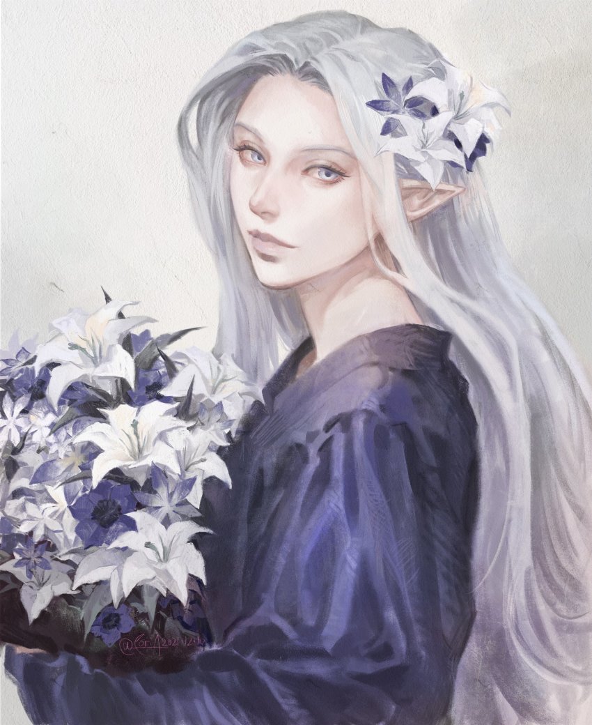1girl, blue_coat, blue_eyes, bouquet, coat, dated, elezen, elf, faux_traditional_media, final_fantasy, final_fantasy_xiv, flower, from_side, grey_background, hair_flower, hair_ornament, highres, holding, holding_bouquet, long_hair, looking_back, pointy_ears, poriaflgilake, signature, silver_hair, smile, solo, upper_body, ysayle_dangoulain