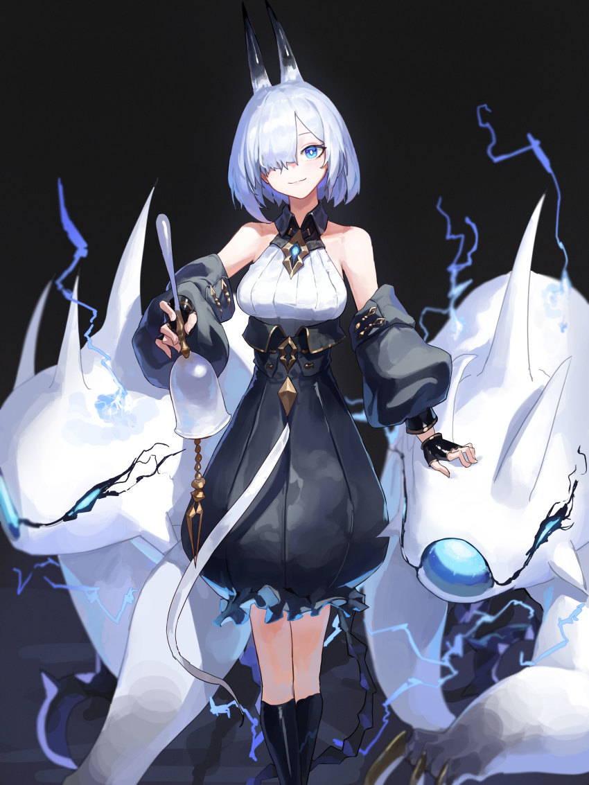 1girl, absurdres, alchemy_stars, bare_shoulders, bell, bethel_(alchemy_stars), black_background, black_gloves