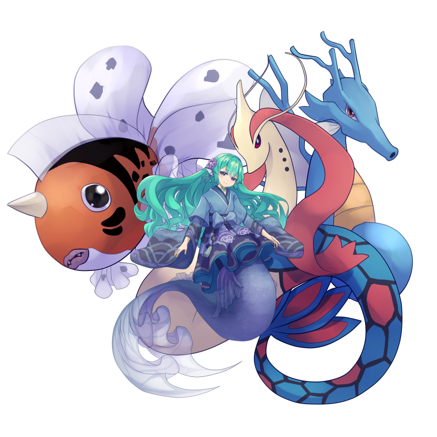 1am, 1girl, absurdres, brown_eyes, commentary, english_commentary, finana_ryugu, fins, fish, floating, floating_hair, flower, gen_1_pokemon, gen_2_pokemon, gen_3_pokemon, green_hair, hair_flower, hair_ornament, head_fins, highres, horns, japanese_clothes, kingdra, long_hair, long_sleeves, mermaid, milotic, monster_girl, monsterification, nijisanji, nijisanji_en, nintendo, pokemon, pokemon_(creature), pokemon_team, purple_eyes, purple_flower, red_eyes, seaking, simple_background, single_horn, virtual_youtuber, white_background, wide_sleeves