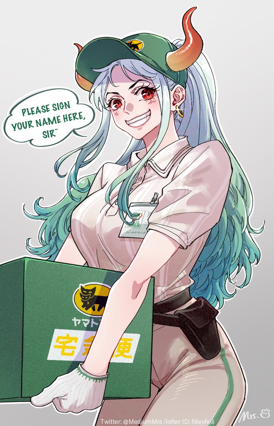 1girl, alternate_costume, bare_arms, baseball_cap, belt, belt_pouch, breasts, buttons, carrying, collared_shirt, contemporary, cowboy_shot, curled_horns, delivery, earrings, english_text, gloves, gradient_hair, green_hair, grey_background, grin, hair_through_headwear, hat, high_ponytail, highres, horns, horns_through_headwear, jewelry, large_breasts, long_hair, looking_at_viewer, mrs.custard, multicolored_hair, multicolored_horns, name_connection, one_piece, package, pants, ponytail, pouch, red_eyes, red_horns, shirt, short_sleeves, signature, simple_background, smile, solo, speech_bubble, twitter_username, very_long_hair, watermark, white_hair, wing_collar, yamato_(one_piece), yellow_horns