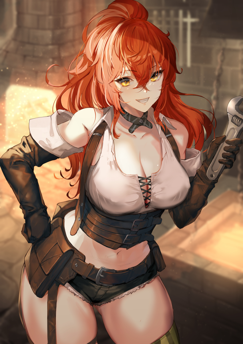 1girl, bare_shoulders, belt, belt_pouch, black_gloves, black_shorts, blacksmith, breasts