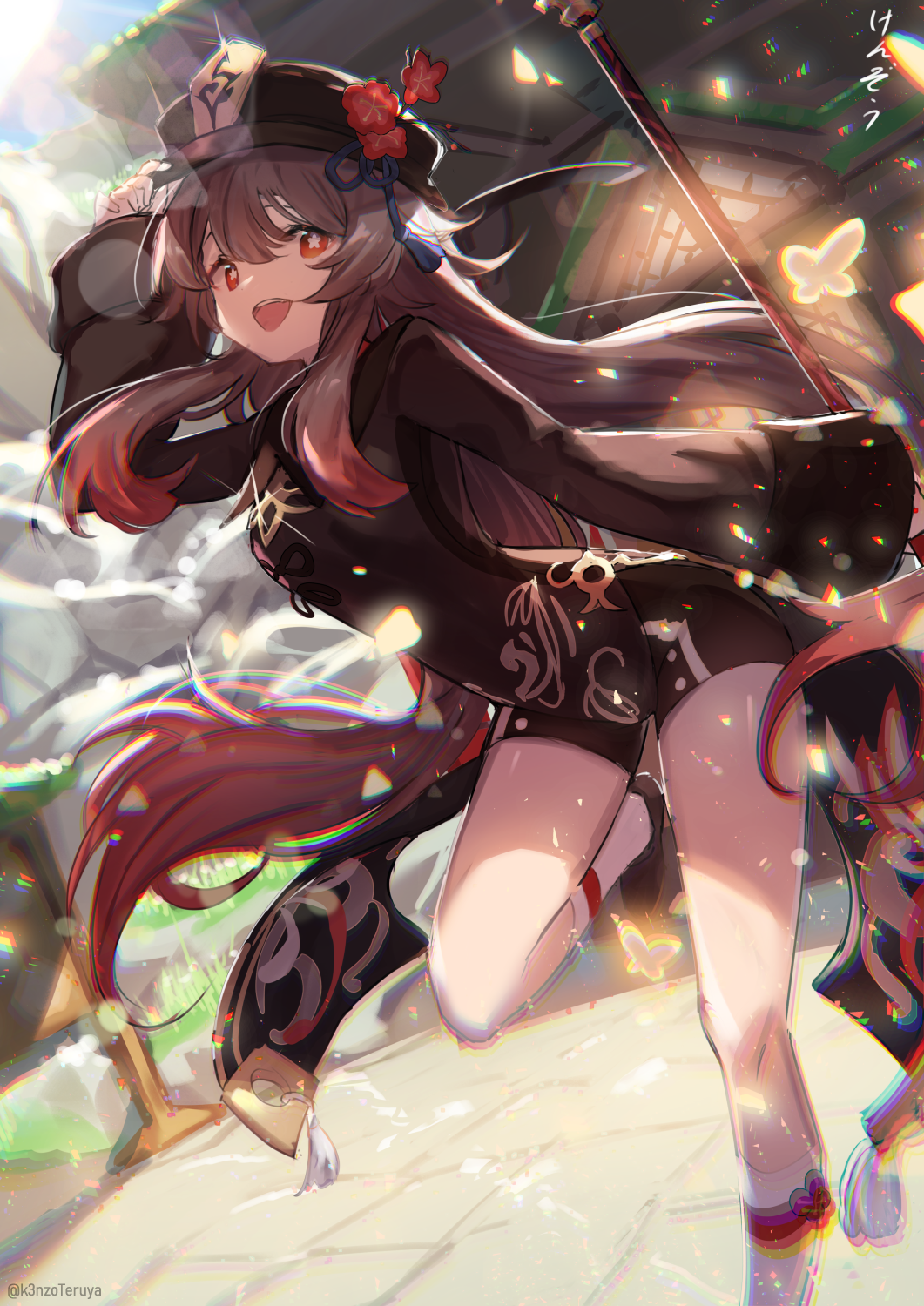 1girl, brown_hair, bug, butterfly, chinese_clothes, full_body, genshin_impact, hat