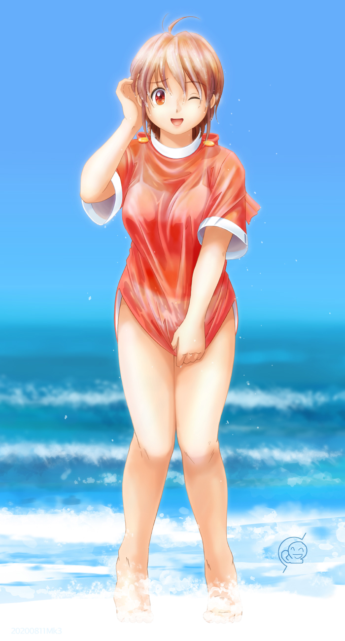 1990s_(style), 1girl, ahoge, blouse, blue_sky, bra, breasts, brown_hair, colt_(monster_farm), day, hair_between_eyes, highres, medium_breasts, monster_farm, ocean, outdoors, panties, pipoo, red_eyes, red_shirt, retro_artstyle, see-through_clothes, see-through_shirt, shirt, shirt_tug, short_hair, short_sleeves, sky, solo, standing, underwear, water, wet, wet_clothes, wet_hair, wet_shirt, white_bra, white_panties