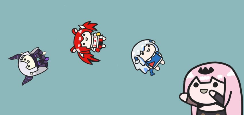 4girls, :d, animal_costume, animal_ears, black_hair, blue_background, blue_hair, braid