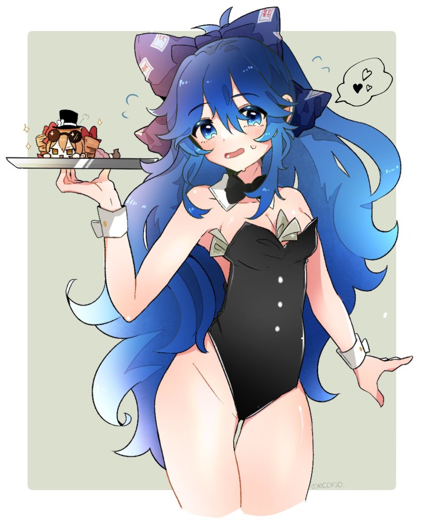 2girls, alternate_costume, arm_up, banknote, bare_shoulders, between_breasts, black_bow, black_bowtie, blue_bow, blue_eyes, blue_hair, blush, bow, bowtie, breasts, buttons, chibi, cleavage, collarbone, commentary_request, cropped_legs, detached_collar, drill_hair, embarrassed, eyelashes, eyewear_on_head, flying_sweatdrops, grey_background, hair_between_eyes, hair_bow, hat, heart, highres, holding, holding_plate, light_brown_hair, long_hair, looking_at_viewer, mini_hat, money, multiple_girls, necono_(nyu6poko), open_mouth, outside_border, plate, playboy_bunny, red_bow, siblings, simple_background, sisters, small_breasts, sparkle, spoken_heart, sweat, sweatdrop, thighs, touhou, tray, tucked_money, wing_collar, wrist_cuffs, yorigami_jo'on, yorigami_shion