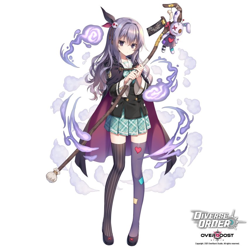 1girl, asymmetrical_legwear, black_cape, black_shirt, black_shoes, black_thighhighs, blue_bow, blue_skirt