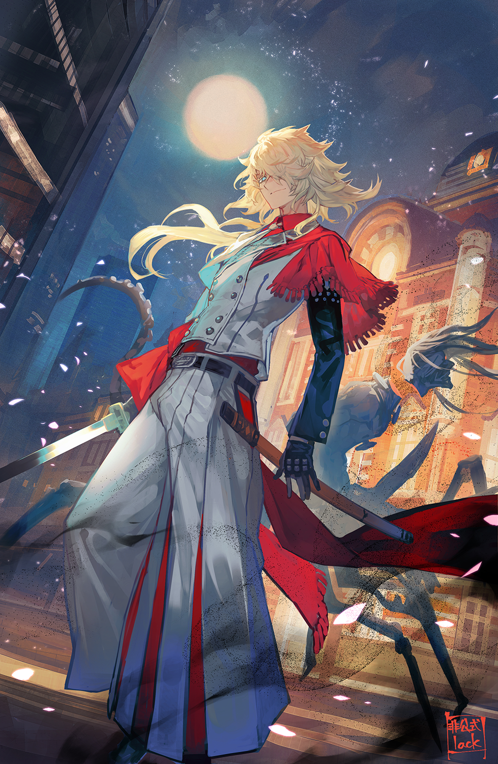 1boy, artist_logo, artist_name, asymmetrical_hair, belt, black_gloves, blonde_hair, blue_eyes, building, centauroid, collared_shirt, colored_eyelashes, decapitation, dissolving, enemy_wakizashi, gloves, hair_over_one_eye, hakama, hakama_pants, highres, holding, holding_sheath, holding_sword, holding_weapon, ichimonji_norimune, japanese_clothes, jikan_sokougun, knee_up, lack, logo, long_hair, long_sleeves, looking_at_viewer, male_focus, monster, moonlight, necktie, night, outdoors, pants, partially_fingerless_gloves, red_shirt, sash, sheath, shirt, smile, solo, standing, sword, tail, taur, touken_ranbu, vest, weapon, white_necktie