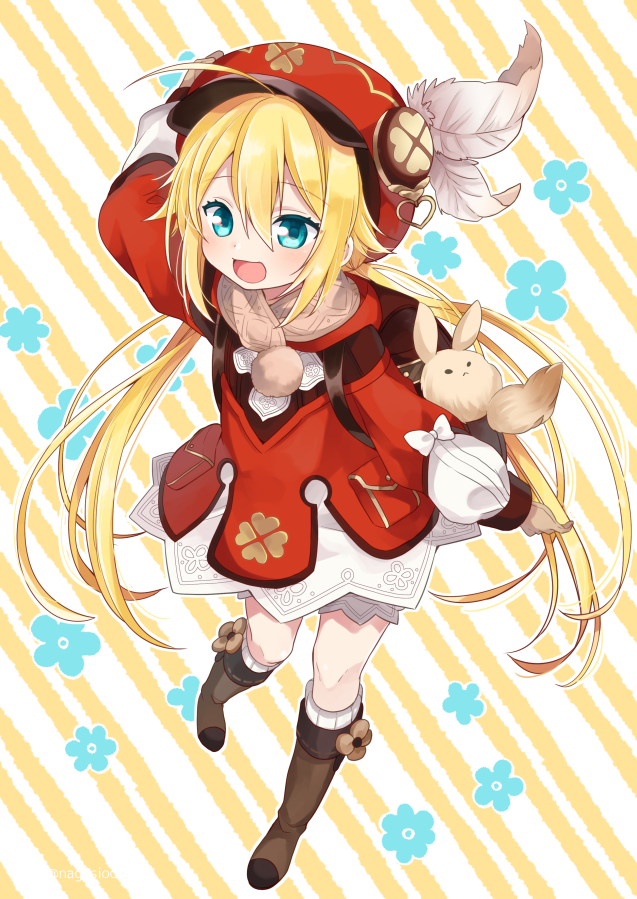 1girl, ahoge, arm_up, backpack, bag, blonde_hair, blue_eyes, boots