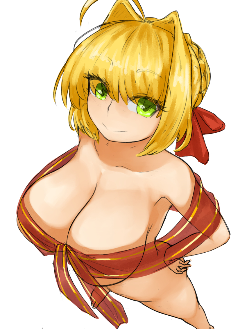 ahoge, blonde_hair, bow, braid, breasts, collarbone, covered_navel, fate/extra, fate/grand_order, fate_(series), feet, green_eyes, hair_intakes, hands_on_own_hips, highres, large_breasts, naked_ribbon, nero_claudius_(bath_robe)_(fate), nero_claudius_(fate), nero_claudius_(fate/extra), red_bow, red_ribbon, ribbon, see-through_clothes, smile, steamingtofu, white_background