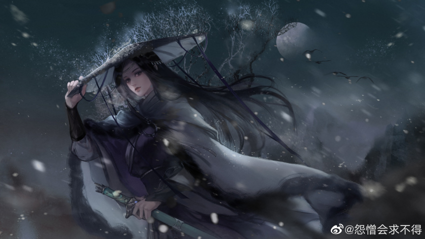 1girl, absurdres, bare_tree, black_hair, cape, dark, doupo_cangqiong, dress, hat, highres, long_hair, moon, night, snow, straw_hat, tree, watermark, weibo_watermark, yuan_zeng_hui_qiu_bude, yun_yun_(battle_through_the_heavens)